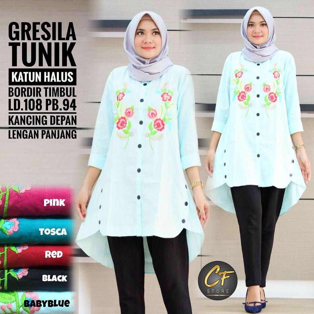 KEMEJA TUNIK BORDIR BUNGA TERLARIS / BAJU NON HIJAB / KEMEJA KEKINIAN