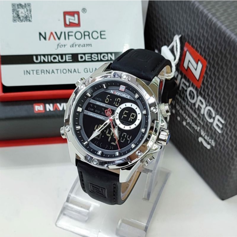 jam tangan pria NAVIFORCE 9208 Tali kulit Black DUALTIME ORIGINAL 100%