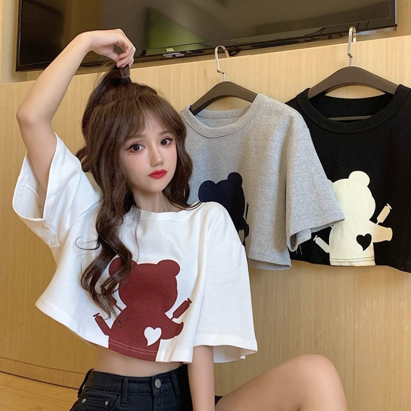 [littlecrab] Kaos Crop Jerry Love Atasan Wanita Trend Kekinian Croptop Oversize Mouse Tikus Suntik Lucu Korean Style