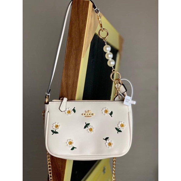 Tas Bunga Bordir Selempang Rantai Mutiara Wanita CH Daisy Chain Pearl Slingbag Premium Import Putih 