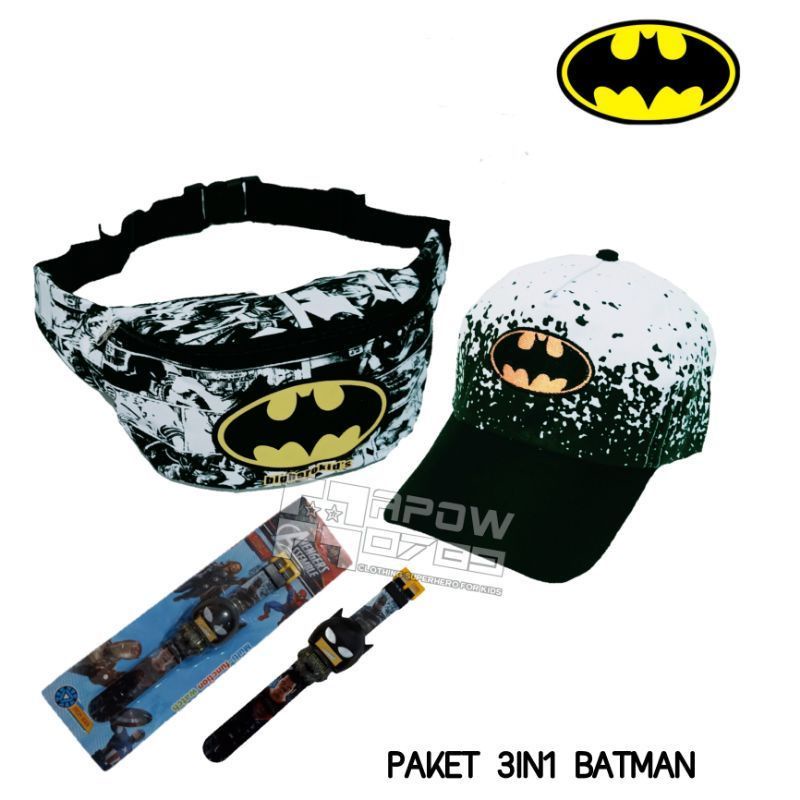 Paket Hemat 3in1 Tas Waistbag Batman Dinir+ Topi Bordir + Jam Tangan Pencet