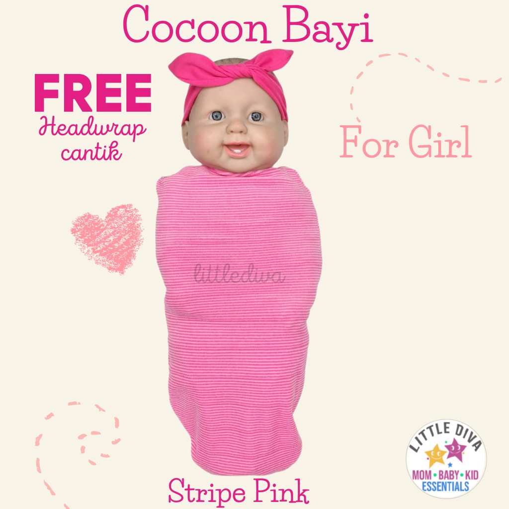 COCOON BABY WRAP Bedong Bayi Instant Stripe Pink FREE HEADWRAP ATAU TOPI Bedong Instan Newborn coocoon AKACHAN