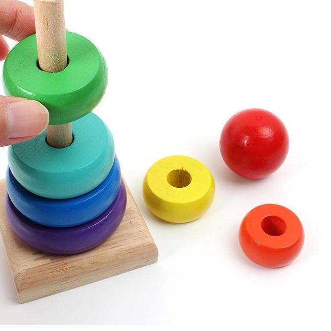 ✿ Edufontoys - RAINBOW TOWER /menara donat kayu / menara pelangi/ ring donat kayu/ mainan edukasi ka