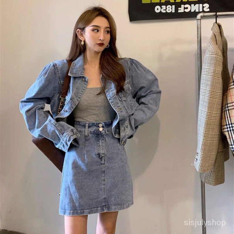 Setelan Gaya Hong Kong Wanita Retro Musim Semi dan Musim Gugur Fashion Jaket Denim Rok Pendek Dua Po