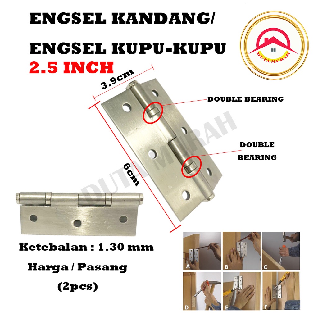 Engsel Lipat Pintu kandang Engsel Kupu-Kupu 2.5&quot;..Kotak Gerobak..jendela. Stainless 304 isi 1 set (2pcs) Free Skrup.