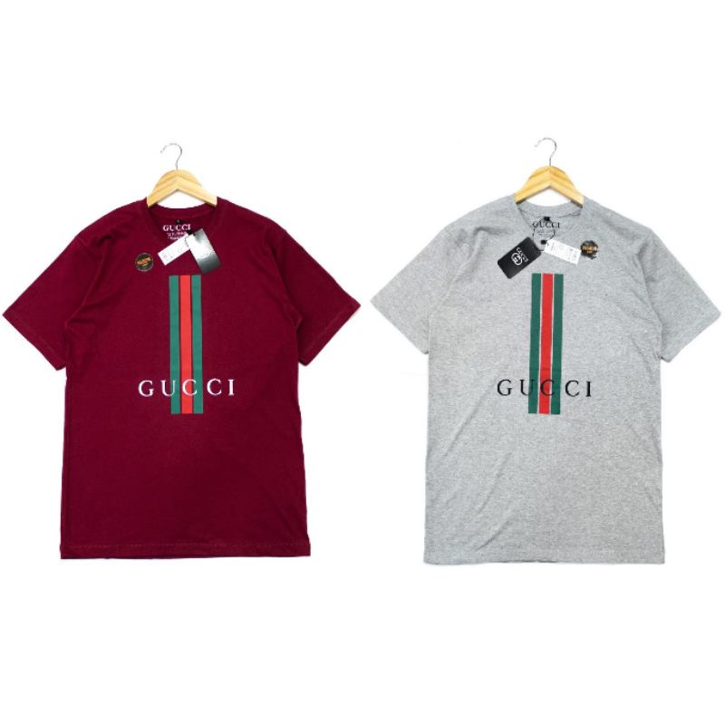 KAOS BAJU TSHIRT PRIA GUCCI STRIPES MAROON ABU