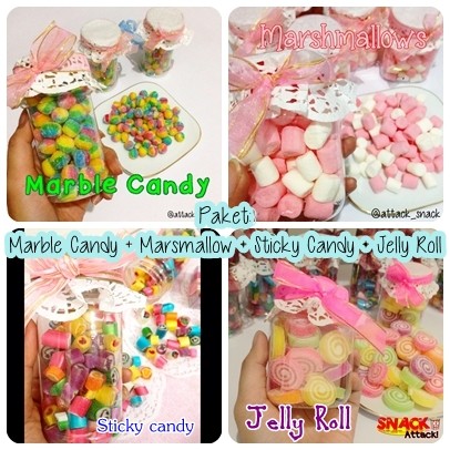 

Paket 4pcs Cute Candies ( Marble Candy + Marsmallow + Sticky Candy + Jelly Roll ) Permen unik
