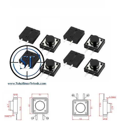 Mini Tact Switch 12x12mm 2 Pin 2 Kaki Tacticle Taktikel Switch Touch Saklar Mini TV Televisi On Off Momentary Tombol Tekan 12mm Kotak Segi