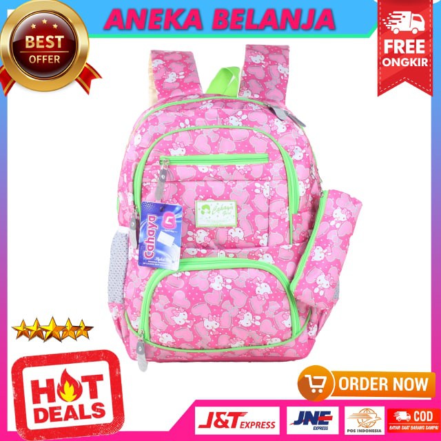 TAS SEKOLAH SD SMP CAHAYA KITTY PINK VARIASI HIJAU BACKPACK ANAK CEWEK KARAKTER LUCU FREE RAINCOVER