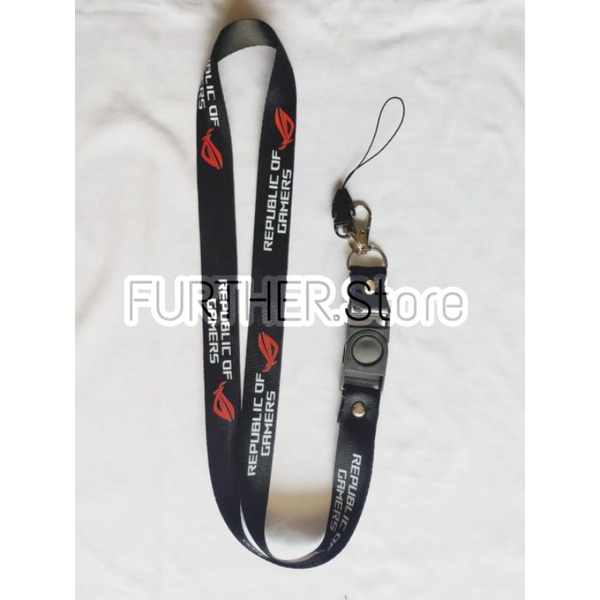 

lanyard ROG / REPUBLIC OF GAMERS / gantungan kunci / tali layard hitam gantungan leher name tag id card kartu nama / pods