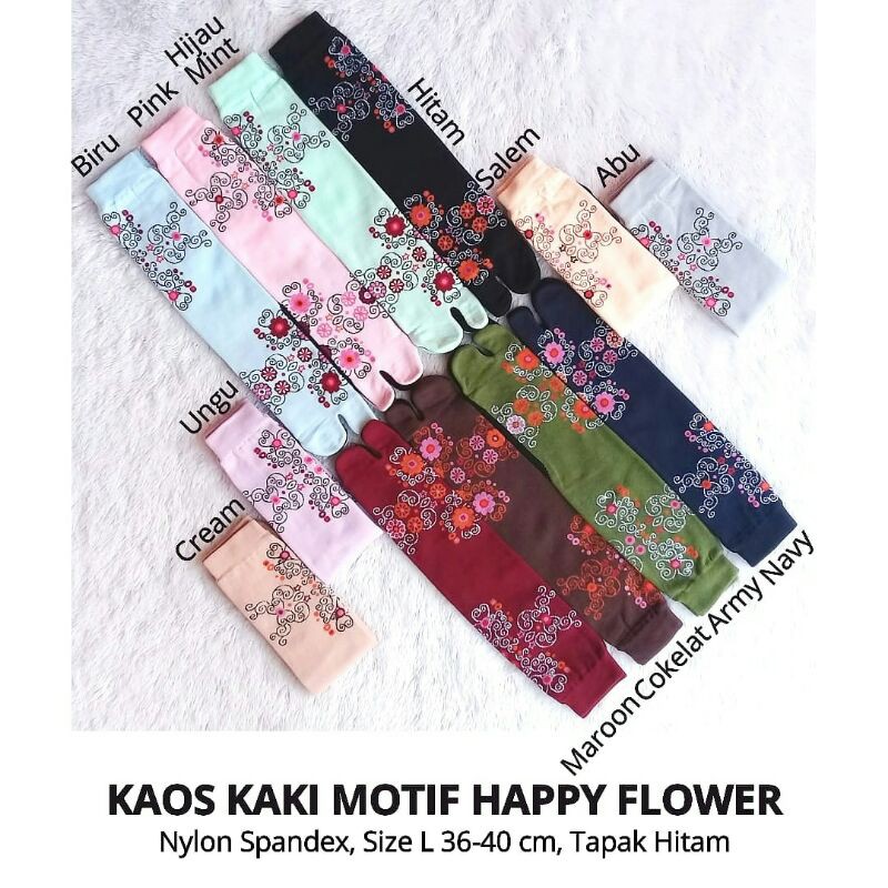 Kaos Kaki Jempol Wanita Muslimah Motif Happy Flower (Nylon Spandex Tapak Hitam Size L Panjang Murah)