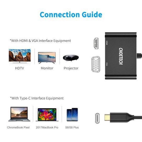 Type c to hdmi vga converter choetech 4k 1080p 2in1 adapter hub-m17 - Usb-c to hdtv-vga gold