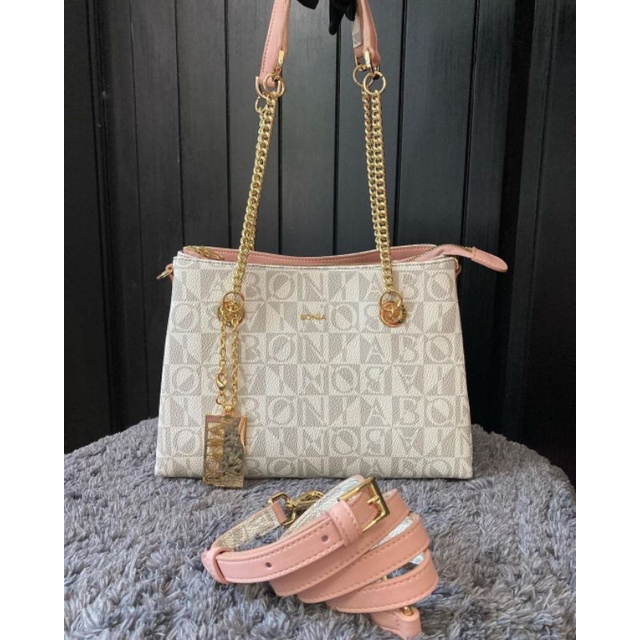 tas bonia original sling tote bag rantai monogram putih pink singapore