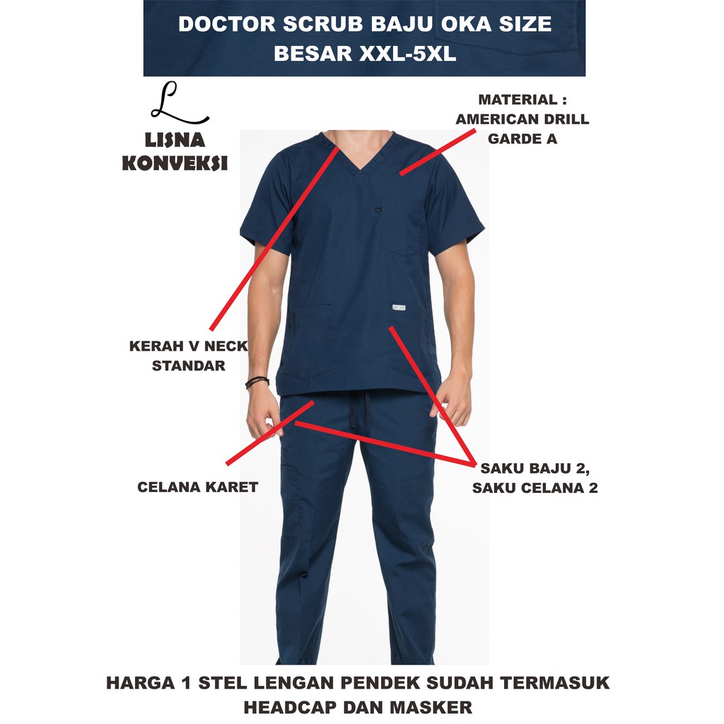 Baju Jaga Dokter OKA APD Size XXL-5XL Lengan Pendek American Drill