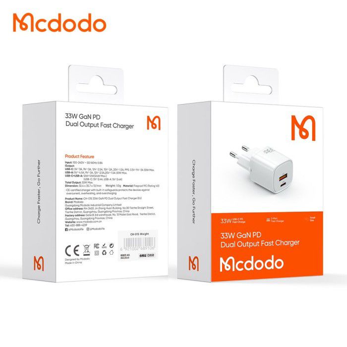 MCDODO Adapter Dual Type C &amp; USB PD 33W GAN - CH-0150 / CH-0151 - Garansi Resmi 6 Bulan