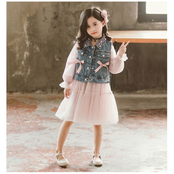 Girl Tutu Dress Set Jeans Vest Ribbon/Dress Anak Perempuan