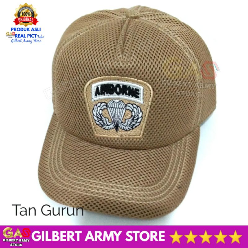 Topi Airborne Jaring Tan Gurun  Hitam Logo Bordir Tni Militer Gilbert Army Store Murah Kualitas Premium Grosir