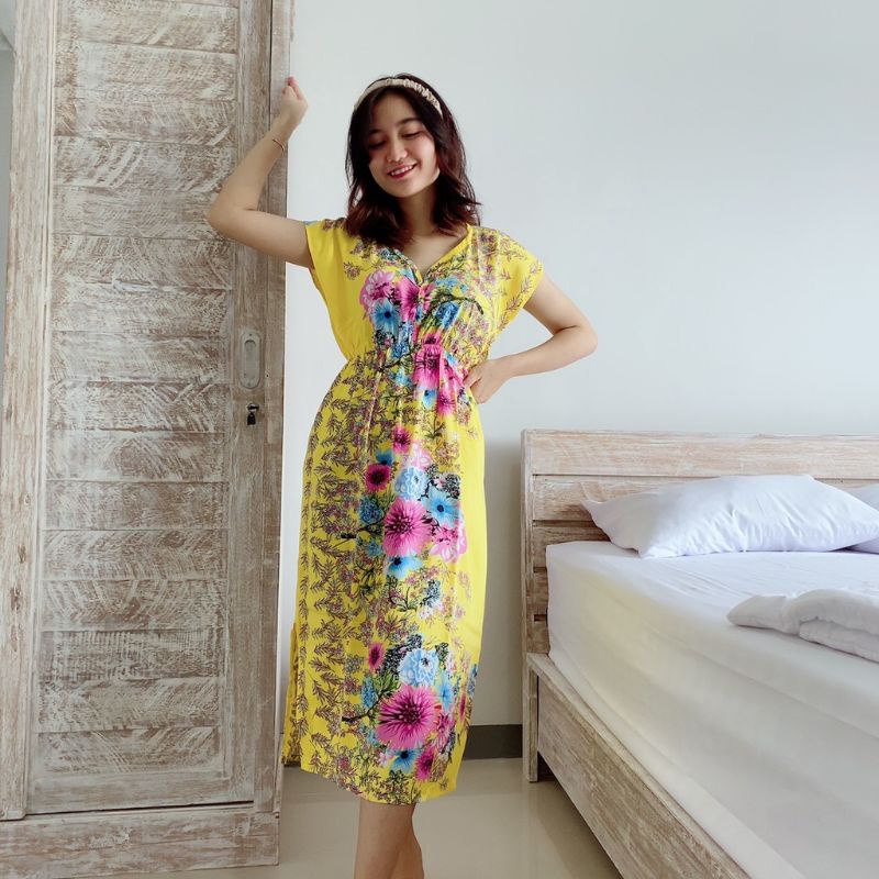 Daster Manohara Dress Manohara All Size Fit to XL Rayon Dress Bali Motif Tiedye Kopi Coffe Motif-Sakura kuning