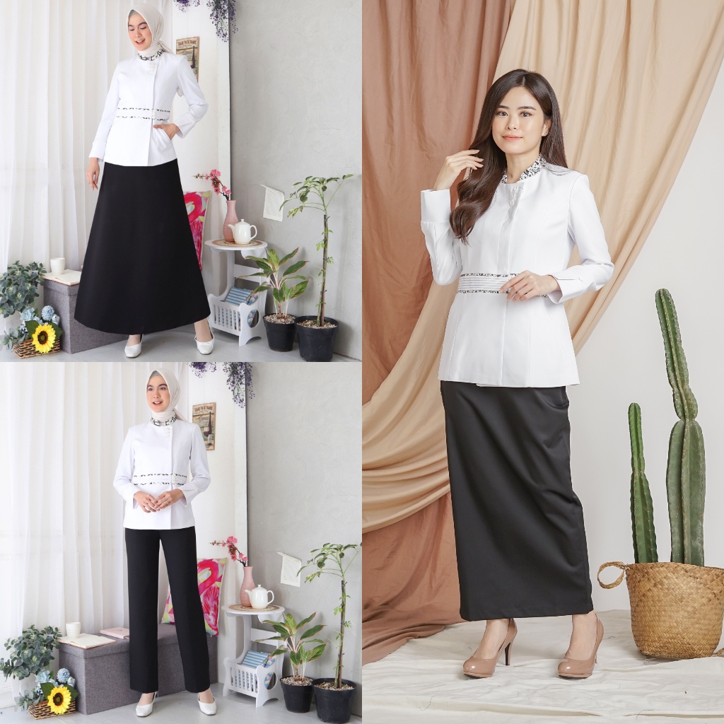 BLAZER WANITA B&amp;V LYNELLE / Seragam PNS / Baju PDH PNS Wanita / Baju Dinas Pemda Wanita / Baju Khaki PNS Wanita / Seragam ASN Wanita / Baju Guru Wanita - 7007 PUTIH HITAM