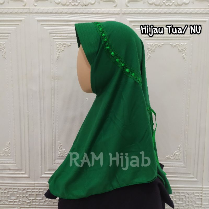 ram hijab kerudung jilbab instan bergo anak sekolah TK SD SMP serut pita atas warna hijau tua hijau 
