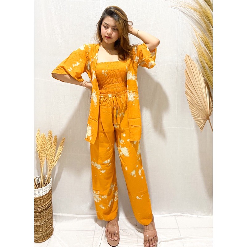 PUSAT FASHION WANITA TERLARIS SETELAN CARDIGAN KEMBEN TIE DIE BALI | VIRAL | KEKINIAN-Mustard