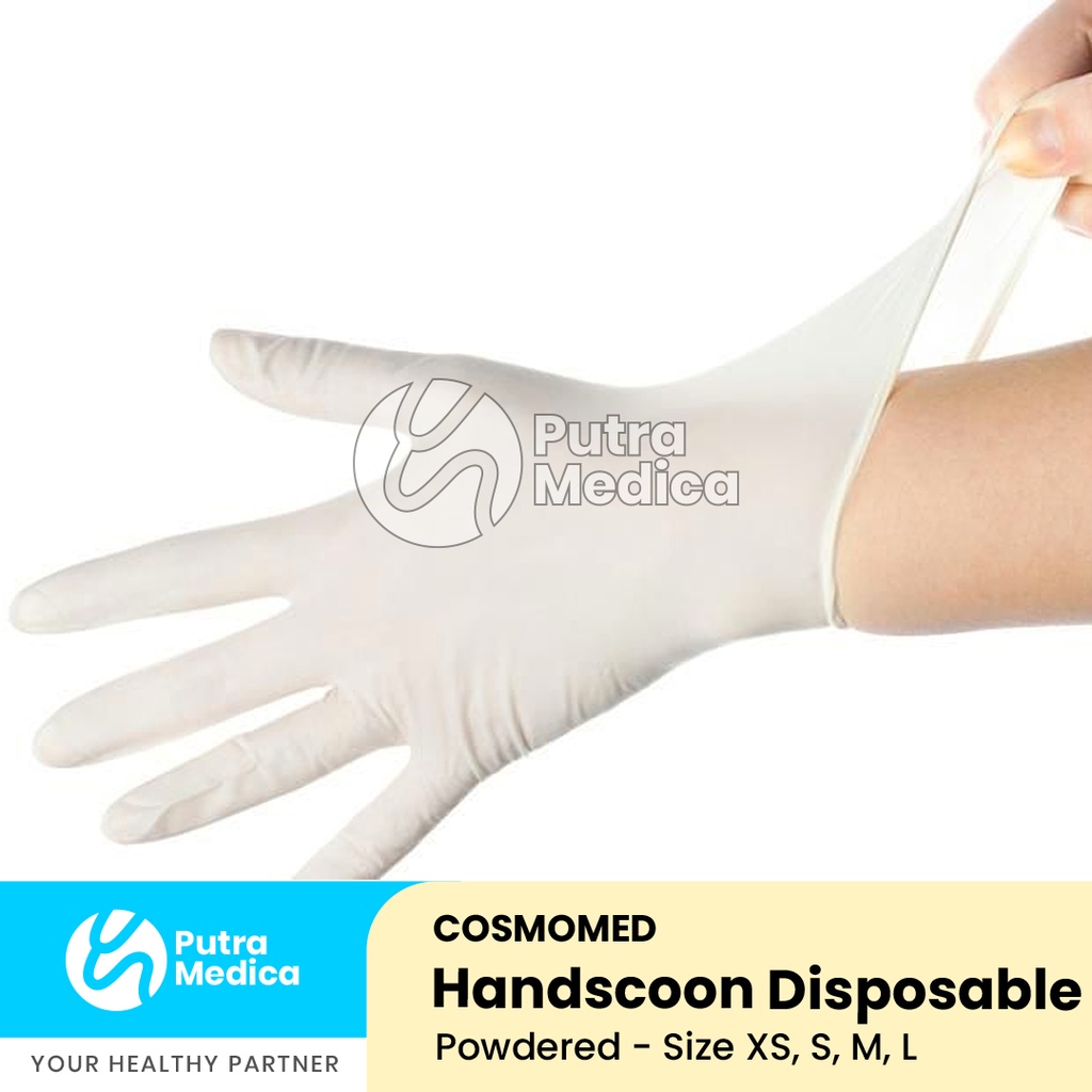 Cosmomed Handscoon Latex Disposable Powdered [Putih] - 1 Box / Sarung Tangan Karet Latex