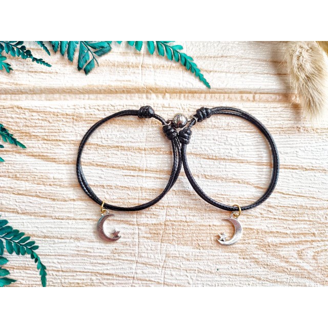 Gelang Tali Couple Magnet Aksen Bulan / Gelang Persahabatan | Gelang Magnet Claps
