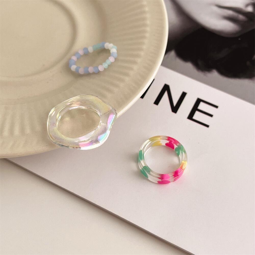 Mxbeauty Cincin Transparan Keren Vintage Warna-Warni Pola Cinta Kepribadian Fashion Gaya Korea Perhiasan Handmade Beaded Ring