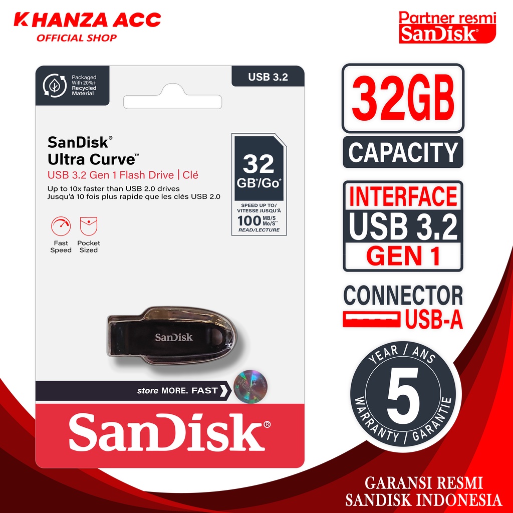 KHANZAACC SANDISK Ultra Curve Flashdisk 32GB / 64GB / 128GB USB 3.2 100MBps CZ550 Original