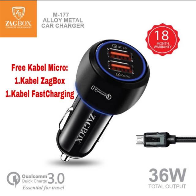 Car Charger ZAGBOX 36Watt Dual USB Quick Charge Metal Body Casan Mobil Free Cable Kabel Data