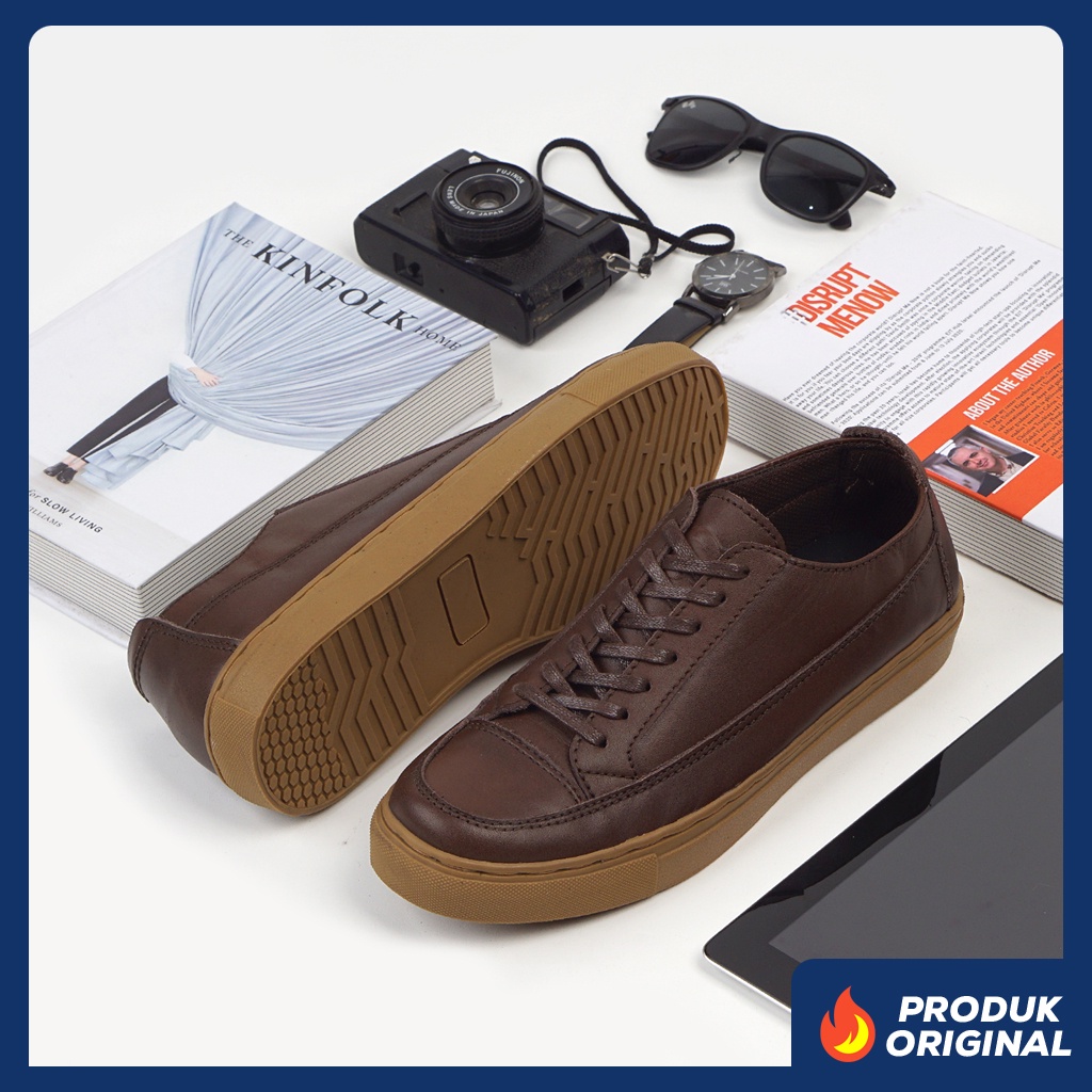 OLAF BROWN ORIGINAL x GREATA Sepatu Sneakers Kulit Sapi Asli Coklat Pria Kets Tali Semi Formal Kerja Kantor Jalan Santai Main OOTD Casual Distro Kuliah Pesta Kondangan Premium Genuine Leather Footwear Gum Sole Big Size Jumbo 44 Keren Terbaru Branded Ori