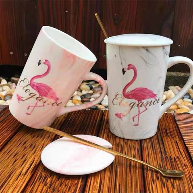 ( GARANSI PECAH )Gelas ceramic marble motif flamingo tebal sudah termasuk gelas, tutup gelas dan sen