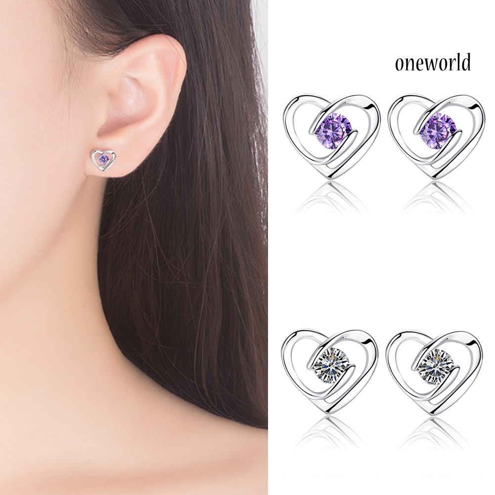 OW# Fashion Women Cubic Zirconia Inlaid Swirl Heart Ear Stud Earrings Jewelry Gift