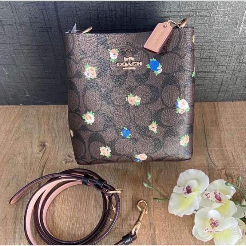 Coach C7270 Mini Town Bucket Bag Signature Canvas Vintage Mini Rose Print Brown Black Multi