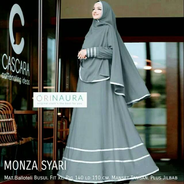 Baju Muslim Wanita Gamis Monza Syari Busana Lebaran Motif Polos Warna Abu Abu