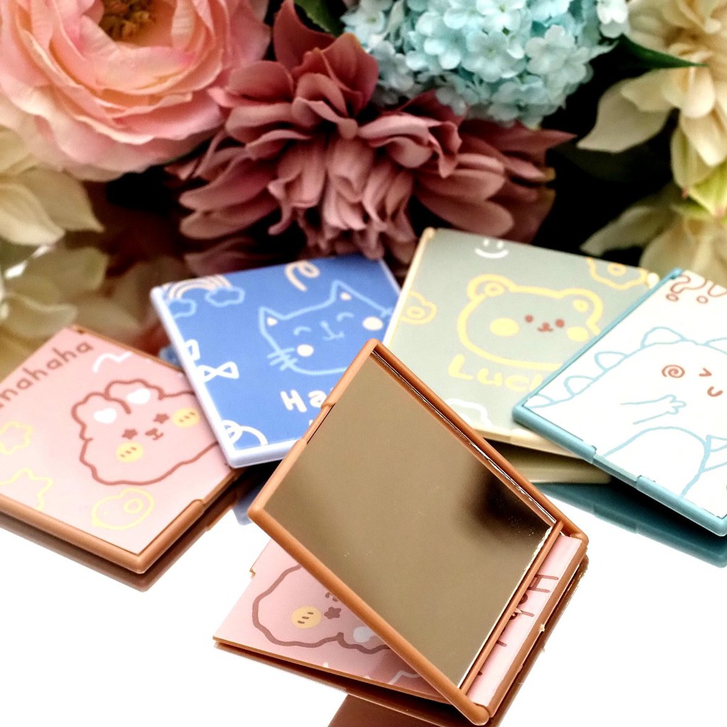 Cermin Lipat Kotak Saku Portable Mini Motif Animal Shabby Lucu Kaca Lipat Make Up Travel Aesthetic