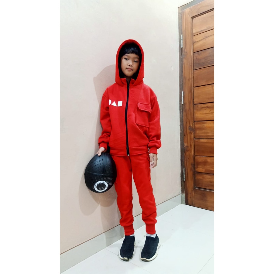 Roboy Kids Setelan Training Sweater Hoodie Guard Celana Joger Cargo Custom Halloween Anak Laki Laki dan Perempuan SQUID SET