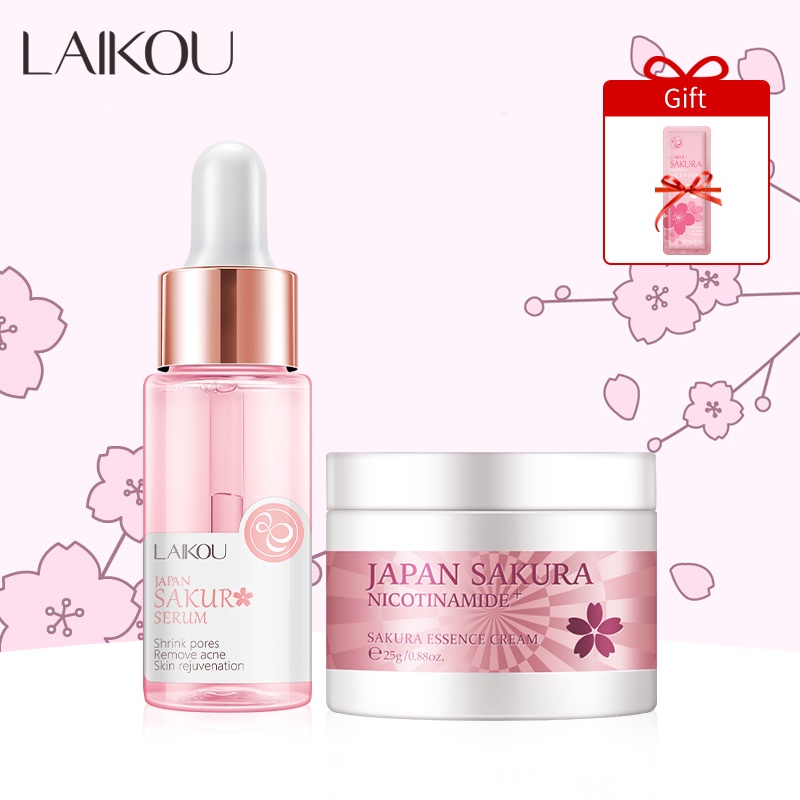 LAIKOU Sakura Skin Care Set Serum Wajah Menghilangkan Kerutan Krim Pelembab 2 Pcs