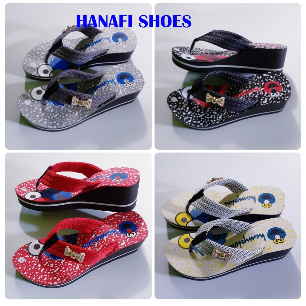 COD sandal  jepit wanita spon tinggi wedges motif elmo  