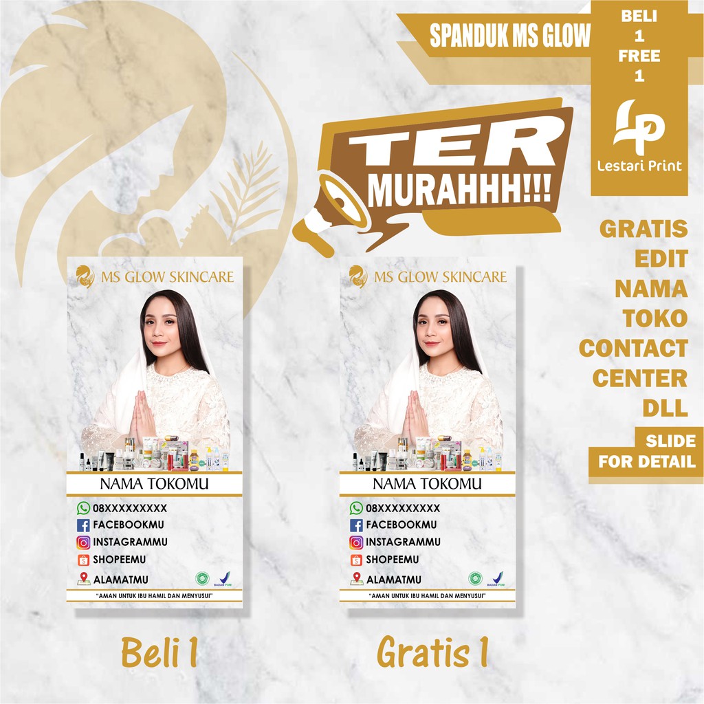 SPANDUK MS GLOW BELI 1 GRATIS 1 / MS GLOW SKINCARE / MS GLOW FOR MEN /  BANNER / NAGITA / GOLD