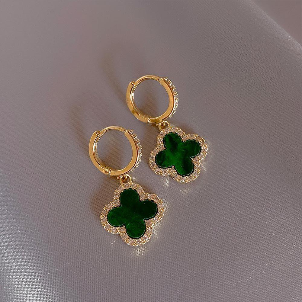 Needway Wanita Anting Hoop Trendi Untuk Perempuan Bunga Tergantung Empat Daun Semanggi Temperamen Kristal Menjuntai Drop Earrings