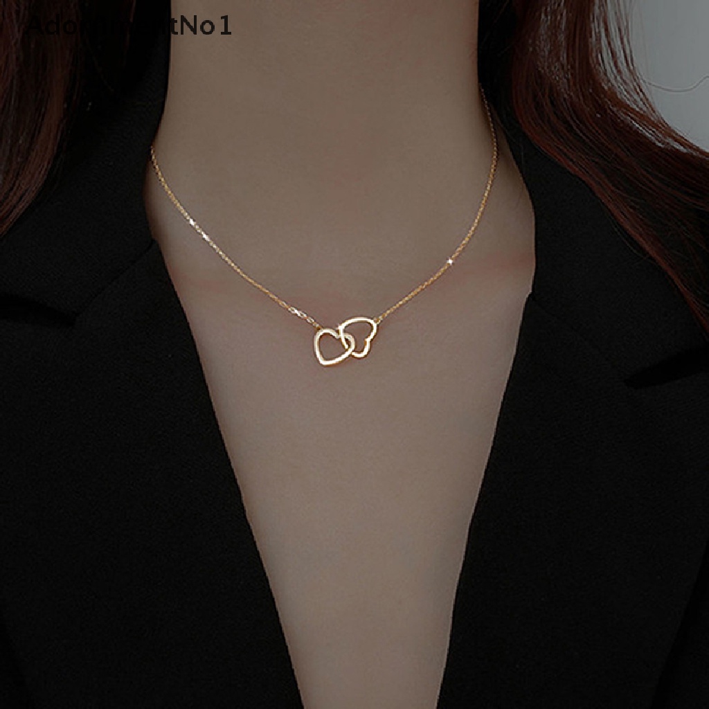 (AdornmentNo1) Kalung Rantai Dengan Liontin Hati Ganda Bahan Stainless Steel Untuk Wanita