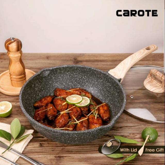 CAROTE Wok Pan (READY Stock) Deep Fry Pan Granite stone w Lid Wajan