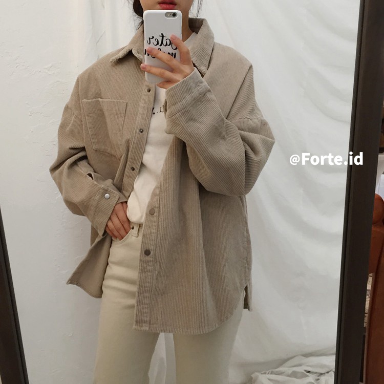 [COD&amp;READY STOK]Kemeja Corduroy Lengan Panjang Wanita/Atasan Wanita Oversize Kasual/Pakaian Wanita Korea Style/Corduroy Shirt