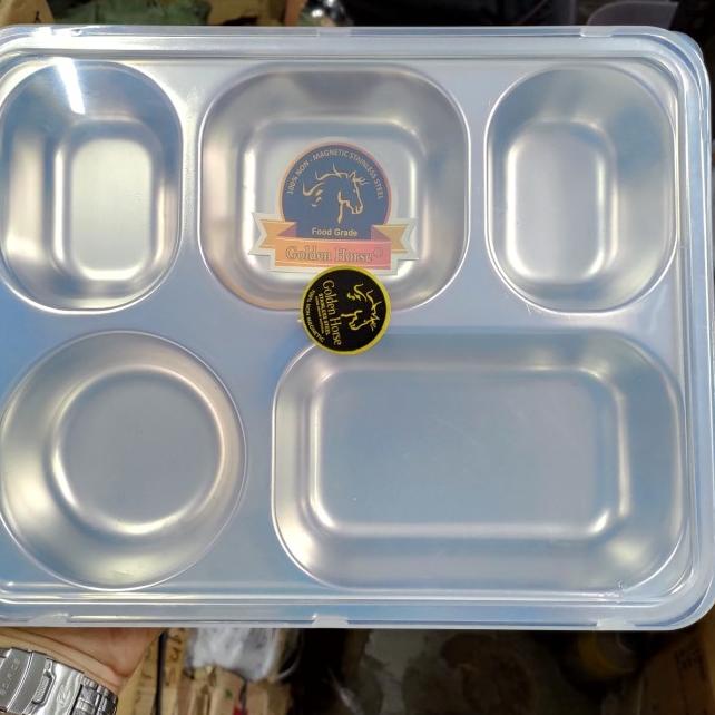 ✹ Plato / Food Tray / Tempat Makan Sekat 5 STAINLESS + Tutup Plastik ❀