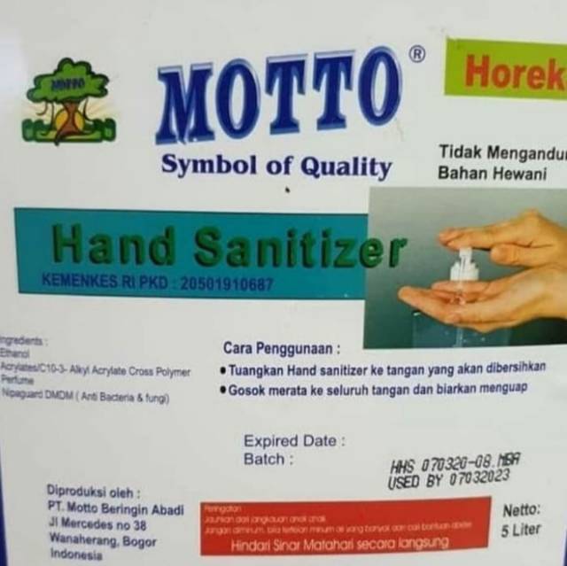 Hand sanitizer gel Motto 5 liter gosend dan grab only