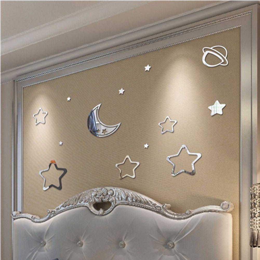 Populer Star Moon Planet Mirror Wall Sticker Dekorasi Rumah Cermin Kombinasi 3D Mini Sticker Mirror Art Wall Decor Mirror Sticker Cermin Reflektif Wallpaper