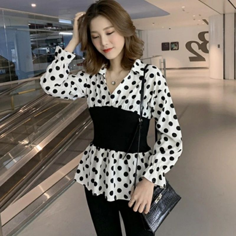 MDLV ~ 0088 POLKADOT PEPLUM TOP // ATASAN LENGAN PANJANG RAJUT COMBI // FASHION IMPORT WANITA