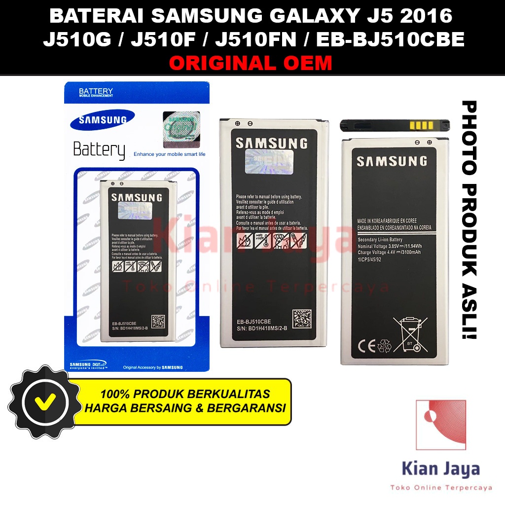 Baterai Samsung J5 2016 J510 Original OEM Batrai Batre Battery Hp EB-BJ510CBC Ori