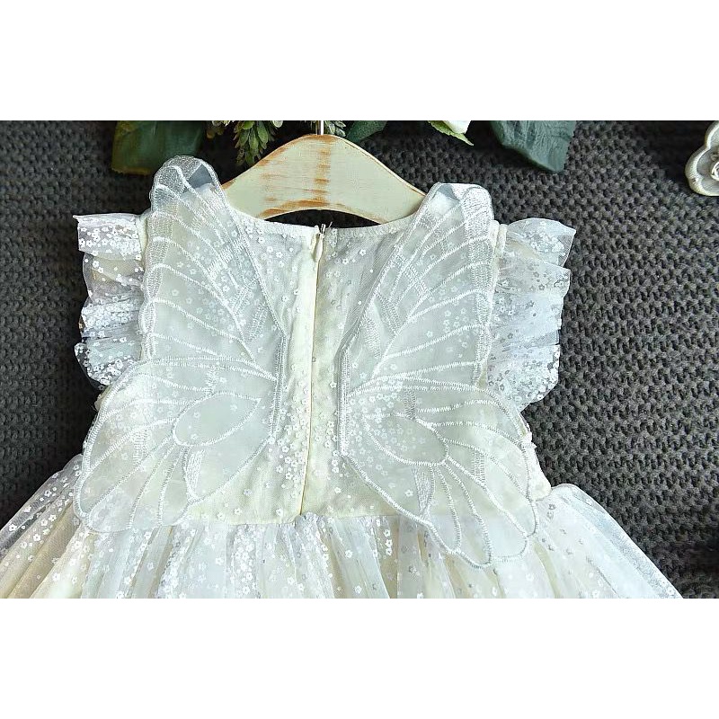 Dress Pesta Anak Perempuan Bahan Import Motif Sayap Bunga Putih